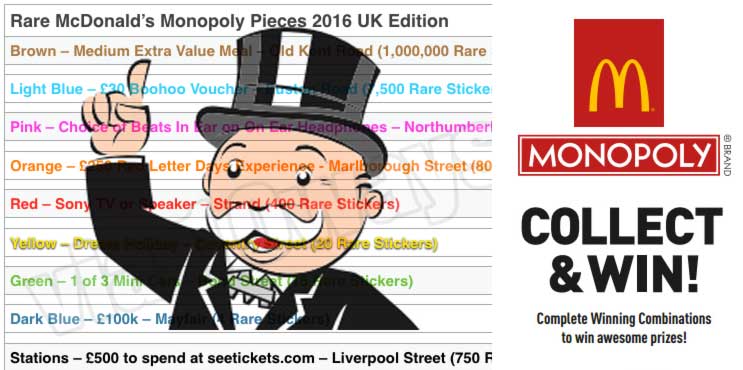 Confirmed: McDonald’s Monopoly 2016 – Rare Pieces Revealed + all 