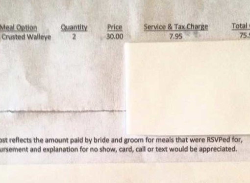 Couple invoiced $75.90 (£50.10) for not showing up to a wedding they said they were going to