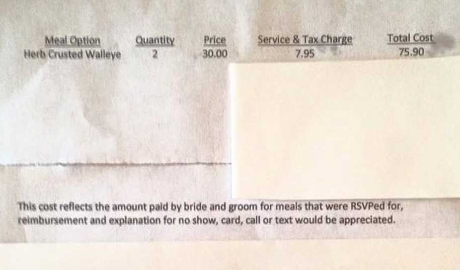 Couple invoiced $75.90 (£50.10) for not showing up to a wedding they said they were going to