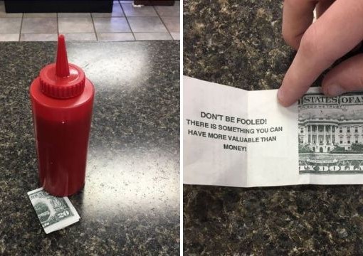 Christian trolls waiter with fake $20 tip and real bible advert