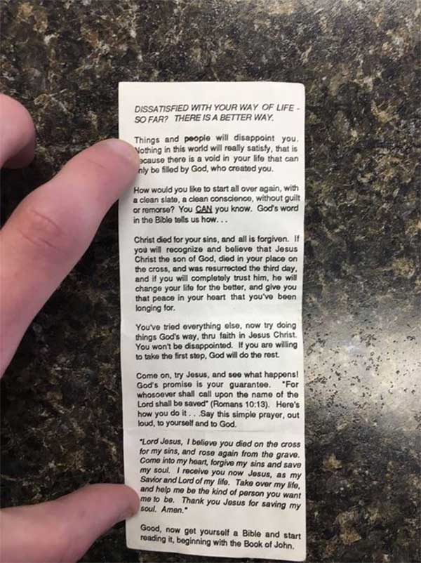 Christian trolls waiter with fake $20 tip and real bible advert ...