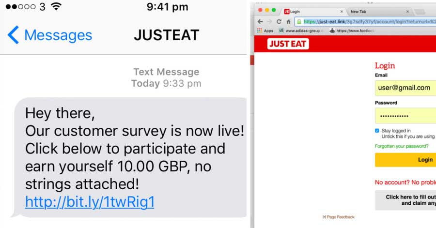 Just Eat hacking attempts – Dodgy spam texts offering £10 for survey!